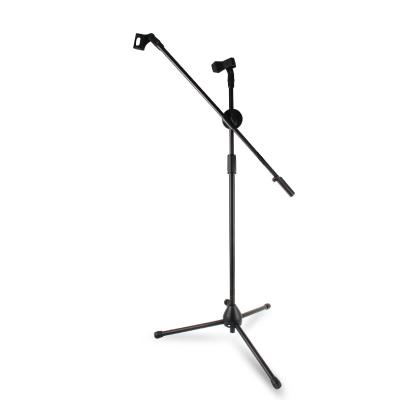 China Portable Tripod 2 Microphone Stand Universal Stage Studio Adjustable Floor Standing Mic Holder with Two Mic Clip for sale