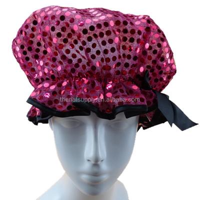 China Sustainable Hot Sale Double Layer Sequin Shower Cap Plain Customized for sale