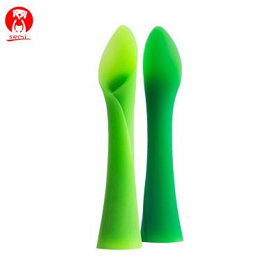 China Soft-Tip BPA Free Infant Training Spoon Bamboo Rice Leaf Tooth Gel Spoon Teether For Baby Led Weaning Worked Silicone Spoon for sale