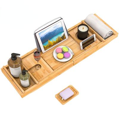 China Amazon Warmest Sustainable Natural Bamboo Telescoping Bathtub Tray Shelf Eco-Friendly Bathroom for sale