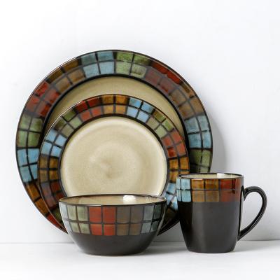 China Retro American Style Plaid Luster Color Restaurant Household Workable Round Ceramic Dishes Set for sale