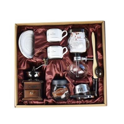 China Viable wholesale high quality gift box T003 of espresso maker coffee maker gift sets household accessories siphon+burner+grinder+2cups+barrel for sale