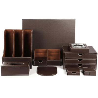 China Multifunctional Handmade Leather Office Storage Pen Holder Stationery Set Office Supplies File Storage Box Business Information for sale