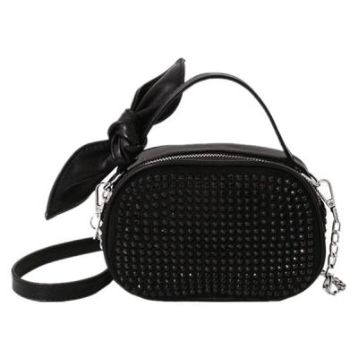 China Outdoor Customized Bling Women Waist Bag Cute Black Mini Square Crossbody Handbag PU Sling Bag Phone Chain for sale