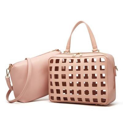 China 2 Piece Set Luxury Hollow Out PU Leather Pink 2 Piece Cross - Body Ladies Bags Handbag Set Women Shoulder for sale