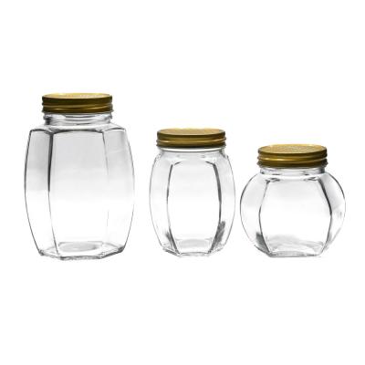 China 380ml 500ml 730ml Viable Flat Hexagonal Glass Jar Chilli Sauce Glass Jar With With Metal Lid for sale