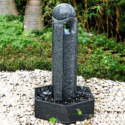 China Modern LED Lights Natural Stone Ball Top Black Polished Single Hollow Pillar Granite Fountain Outdoor For Yard Lawn Patio Porch Decor for sale