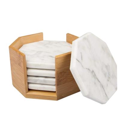 China Viable Cheap Price 5 Pcs White Carrara Marble Coaster Set With Bamboo Stand for sale