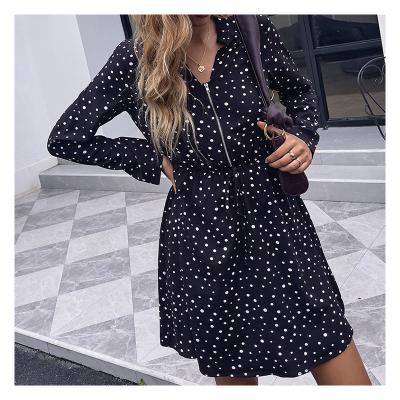 China High Quality Anti-Wrinkle Women Dress Top Dot Printed Long Sleeve Quarter Zipper Boho Casual Dress for sale