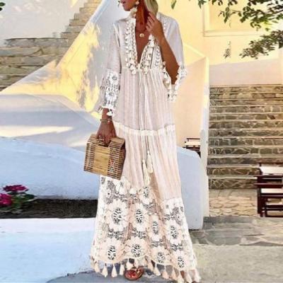 China Breathable Trendy Women Clothing 2021 Lace Tassels Dresses Crochet Dress Bohemian Plus Size Elegant Beach For Ladies for sale