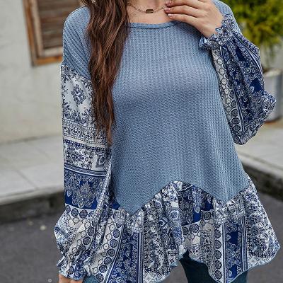 China Women's Breathable T-shirt Autumn 2021 Loose Round Neck Knitting Long Sleeve Patchwork Sweater Tops for sale