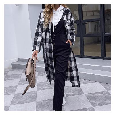 China Winter 2021 Plaid Breathable Wholesale Black And White Casual Cardigan Long Sleeves Long Shirt Coat For Women for sale