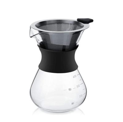 China Stored Pour Over Coffee Maker Set With Reusable Stainless Steel Filter Glass Manual Hand Coffee Spout Sleek Pot for sale