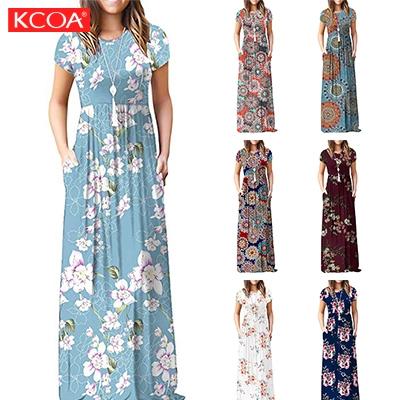 China Latest Breathable Ready To Ship Women Floral Short Sleeve Casual Elastic Waist Long Dress With Pockets for sale