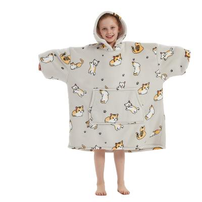 China Giant Cozy Thick Wearable Fire Retardant Oversized Winter Sherpa Hoodie Blanket Sweatshirt Cat Printing Sleepwear Cute For Kids for sale