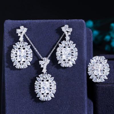 China Other NEW Colorful Gems Fashion All-match Three-piece Suit Sapphire Necklace Earrings Ring Inlaid Zircon Set Chain for sale