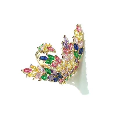 China European punk 2022 new fashion opening design colorful leaves jewelry color adjustable zircon ring for sale