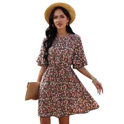 China Factory Direct Selling Breathable Half Sleeve Chiffon Round Neck Floral Dress Breathable Dress For Women for sale