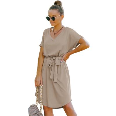 China Breathable V-Neck High Waist Casual Pullover Solid Color Fashion Short Sleeve Dress For Women for sale