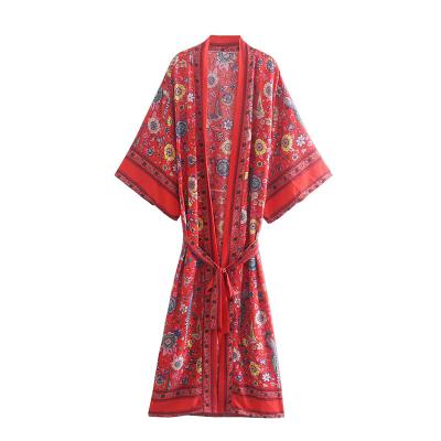 China Shopify Drop-shipping Cotton Floral Print Casual Anti-static Anti-Static Beach Bikini Long Kimonos Cover Up Peacock Chiffon Kimono for sale