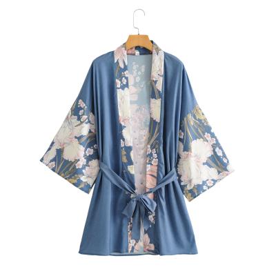 China New Plus Size Peacock Kimono 3/4 Sleeve Shorts Belt Plus Size Loose Fit Bohemian Gypsy Style Ethnic Cover Ups Cardigan Tops Women for sale