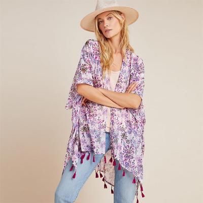 China Women's Tasseled Floral Print Chiffon Wildflower Kimonos Kimonos Cape Cardigan Kimonos Plus Size Boho Plus Size for sale