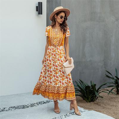 China New Summer Women Casual Dress Bohemian Lady Viable Beach Style Floral Printed V-Neck Shorts Sheath Slim Waist Bottom Long Maxi Dress for sale