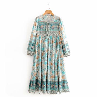 China New Lady Bohemian Spring Women Casual Dress Floral Style Floral Printed Lace Long Maxi Dress Thin Rayon Cotton Full Sheath for sale