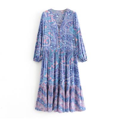 China 2022 New Summer Breathable Women Dress Lady Bohemian Holiday Style Cotton Maxi Dress Vestido Purple Rayon Floral Print Long Sleeves Full for sale