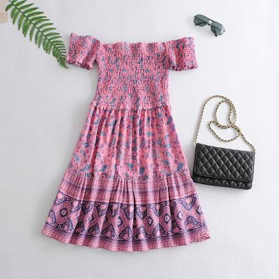 China New Lady Bohemian Holiday Style Word Shoulder Slash Neck Breathable Floral Printing Of 2022 Summer Women Casual Dress Shorts Breathable Sheath Short Dress for sale