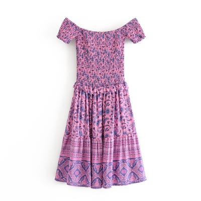 China New Women's Summer Women's Long Lady Bohemian Style Purple Maxi Dress Off Shoulder Waist Word Cotton Rayon Dress Breathable Elastic Floral Print Dress O-neck for sale