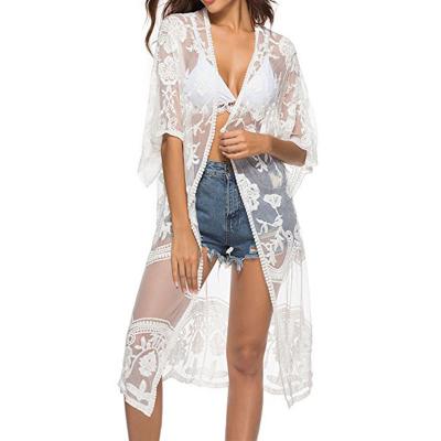 China OEM Plus Size Plus Size Colors Flare Floral Fashion Mesh Cover Up Sleeve Kimono Women Lace Up Embroidery Midi Blouse Loose Cardigan for sale