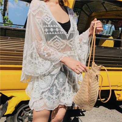 China Plus Size Lace Blouse Fashion White Elastic V-Neckline Tops Korean Sheer Sleeve Mesh Lace Shirts Casual Women Plus Butterfly for sale