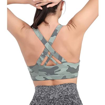 China Amazon Top Selling Active Wear Bra Breathable Sublimated All Over C/D Cup Camouflage Printed Sports Removable Bra for sale