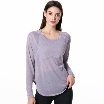 China Wholesale Breathable Women Tee Gym Wear Women Chill Crossover Slit Curve Edge Blouse Long Sleeve Loose Soft Shirts Yoga Tops for sale