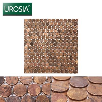 China Luxury Gold Copper Metal Penny Round Mosaic Tile For Kitchen Bronze Wall Backsplash Flooring for sale