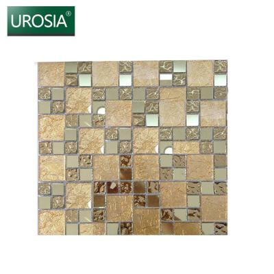 China Hot Selling Amber Metal Mixed Crystal Glass Glitter Square Gold Color Parquet Bar Gold Mosaic Tile Crack Mosaics for sale