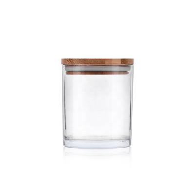 China Wholesale High Quality Transparent Wooden Cap Candle Holder Bottle Container Household Products 440ML Custom Custom Candle Glass Jar With Bamboo Lid for sale