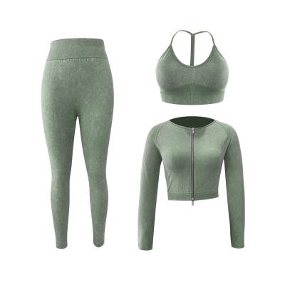 China Breathable Frosted Style OEM Workout Clothes Seamless Sports Bra Yoga Leggings 3 Pieces Set Seamless Yoga Set Sport Wear Gym Clothes for sale