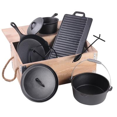 China Sustainable 7 Pcs Cast Iron Dutch Oven Camping Set for sale