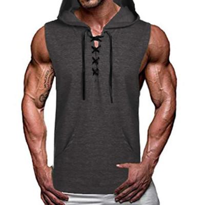 China Anti-wrinkle summer men's cotton sleeveless fashion stitches high quality empty vest with slim hood fitness t-shirts with print logo gym vest man for sale