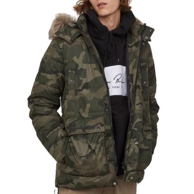 China Anti-wrinkle winter fashionable stylish men's down coat with faux fur hood plus size thick stripper anorak camouflage jacket coat for sale