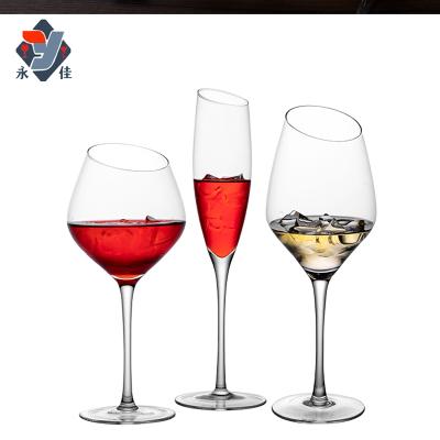 China Durable Tilted Glass Crystal Red Wine Glasses And White Wine Tilt Wine Glass With Big Beveled Mouth Perfect With Protable Gift for sale