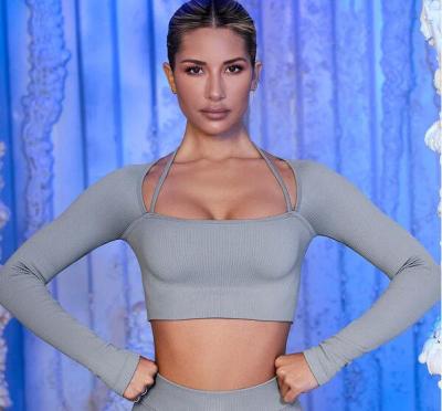 China Gymonna 2022 New Design Breathable Seamless Stretch Quick Dry Strap Gray Long Sleeve Crop Top for sale