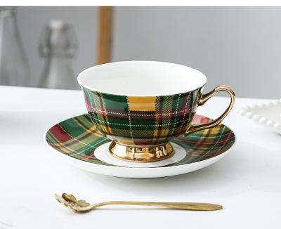 China Viable Design England Plaid Ceramic Cup And Saucer Afternoon Tea Cup And Saucer for sale