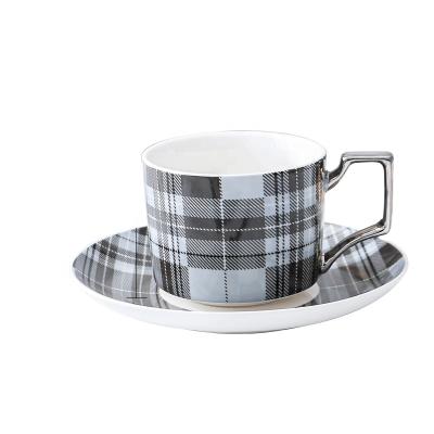 China American vintage tea cup and saucer cappuccino simple grid lines viable coffee cup saucer for sale