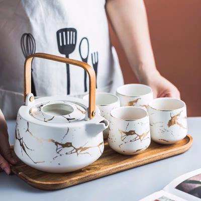 China Viable Black And White Matte Chinese Coffee Cup Marble Porcelain Teapot Teapot Set With Wooden Tray for sale