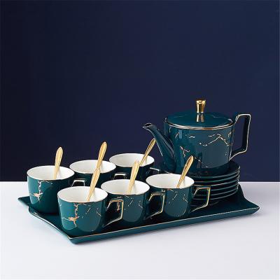 China Sustainable delicate ceramic drinkingware vintage green European coffee mug sets porcelain coffee tea sets for sale