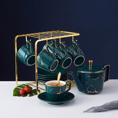 China Sustainable New Arrival Ceramic Coffee Tea Set Office Phnom Penh Marbled Ceramic Kettle Set for sale