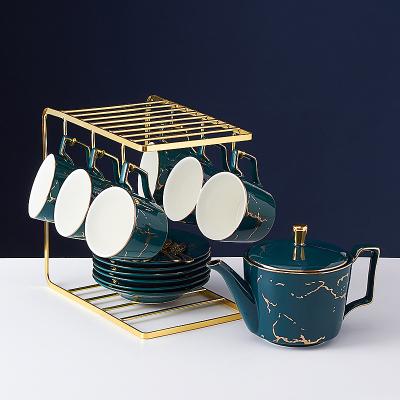 China Sustainable Ceramic Amazon Water Kettle Set Hotel Green Marble Drinking Water Set for sale